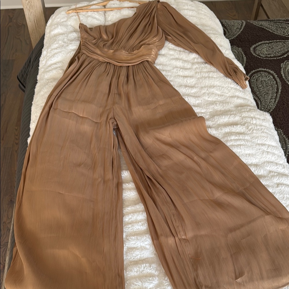 Anthropologie Shimmer Tan Palazzo Jumpsuit with Elastic Waist